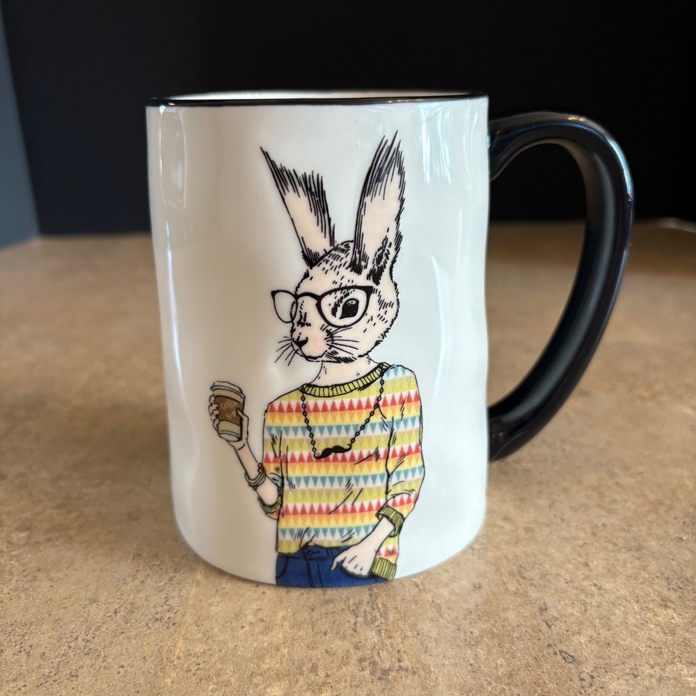 Signature Coffee Mug Bkack White Hipster Rabbit with Glasses Colorful Sweater